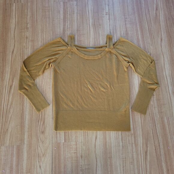 Anthropologie Sweater Top Womens Large Brown Mustard Cold Shoulder Casual Basic - Picture 2 of 11